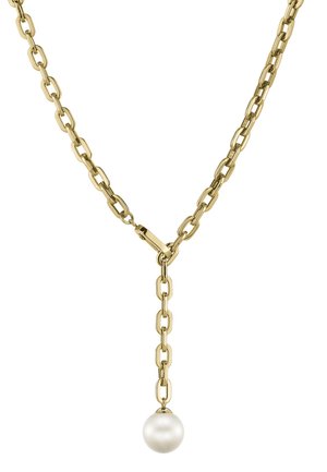Gouden ketting met verlengde schakels en een enkele hangende witte parel als hanger. Heteegte met een glanzende afwerking.