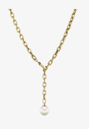 Goldkette mit verlängerten Gliedern und einem einzigen, herabhängenden weißen Perlenanhänger. Glatte Textur mit polierter Oberfläche.