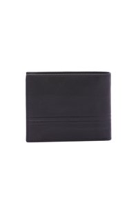 Zwarte leren portemonnee met een gladde textuur, met een minimalistisch ontwerp en drie kaartsleuven aan de voorkant. Geen zichtbare hardware of accenten.