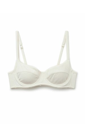 Weißer Bügel-BH mit verstellbaren Trägern und dezent gerippter Struktur, in Balconette-Form mit weichen Stoffcups.