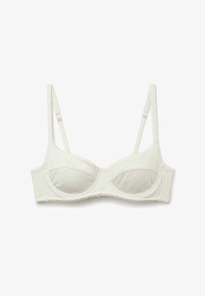 Weißer Bügel-BH mit verstellbaren Trägern und dezent gerippter Struktur, in Balconette-Form mit weichen Stoffcups.