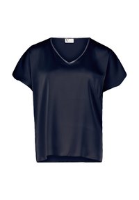 Top blu navy a maniche corte con scollatura a V, realizzato in morbido tessuto satinato. Design semplice con una vestibilità rilassata e senza chiusure visibili.