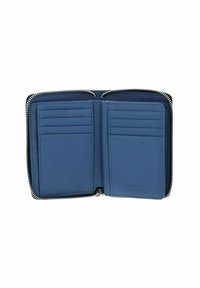 Portefeuille en cuir bleu avec plusieurs emplacements pour cartes, fermeture éclair et texture intérieure lisse. Présente une étiquette embossée et des coutures contrastées.