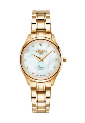 Orologio da polso in metallo color oro con quadrante tondo in madreperla iridescente, impreziosito da accenti di diamante e indicatori dorati, montato su un bracciale a maglie.