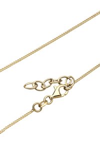 Gouden ketting met een gladde textuur, met in elkaar grijpende schakels en een karabijnsluiting voor een veilige sluiting.