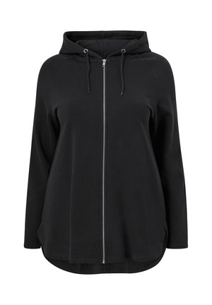 Sort zip-up hoodie med snorhuvud, lange ærmer og buet kant. Fremstillet af et blødt, glat stof med minimal detaljering.