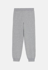 Gray jogger pants made of soft fabric, featuring a waistband and tapered cuffs, offering a comfortable, relaxed fit. No patterns visible.