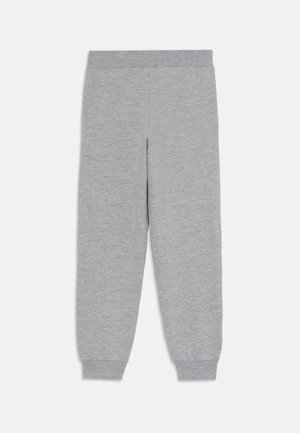 Grijze joggers van zacht materiaal, met een tailleband en taps toelopende boorden, bieden een comfortabele, ontspannen pasvorm. Geen zichtbare patronen.