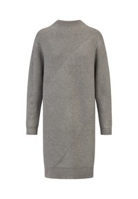 Robe pull tricotée grise avec un col haut, des manches longues et des accents de texture en côtes diagonales. Présente une coupe droite et des poignets côtelés.