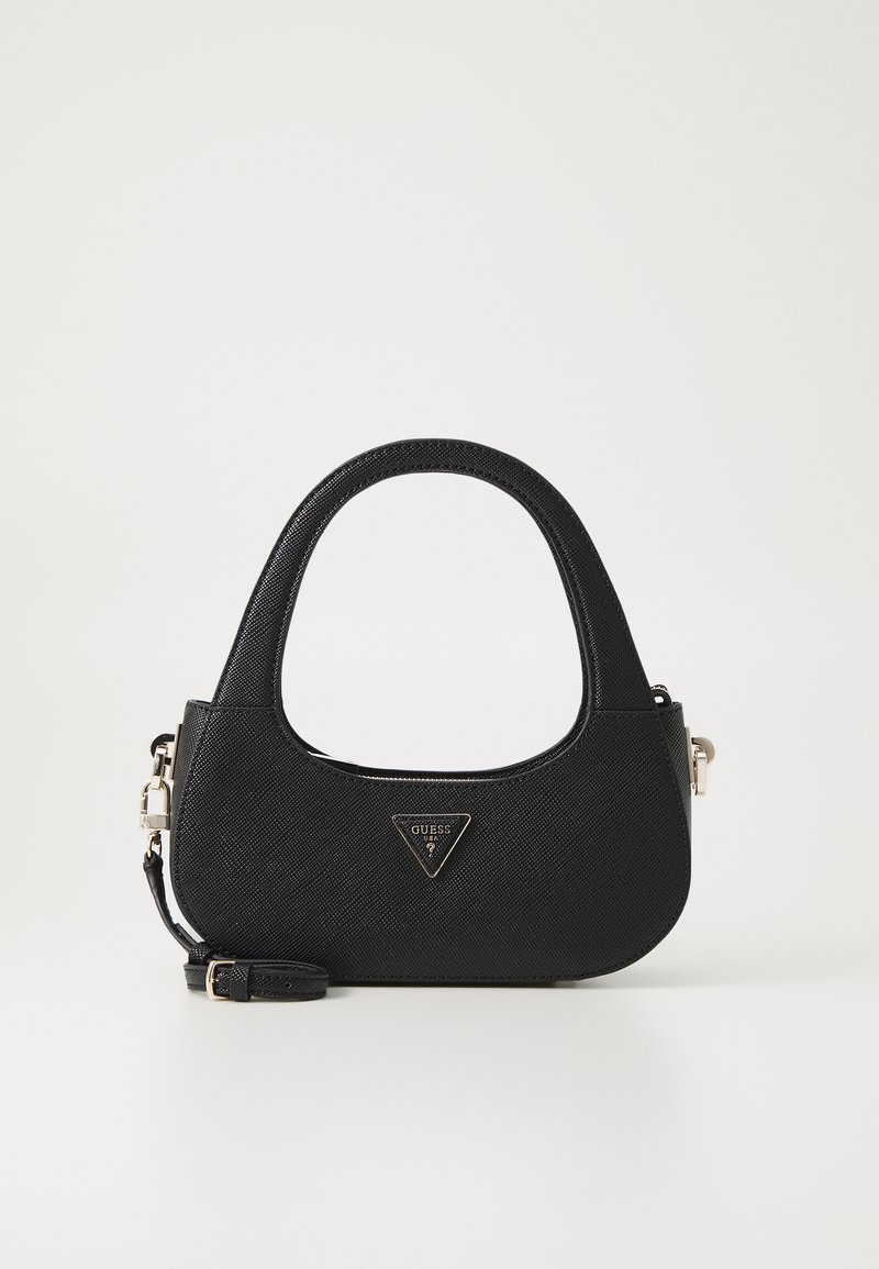 Sac à main en tissu noir avec une poignée courbée, arborant un logo triangulaire et une bandoulière amovible. Surface texturée et design minimaliste.