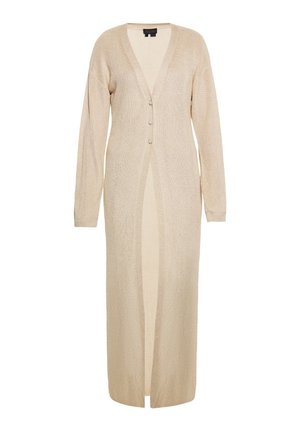 Lange beige cardigan van gestructureerde stof, met een diepe V-hals, lange mouwen en drie knopen aan de voorkant, met een ontwerp van een centrale split.
