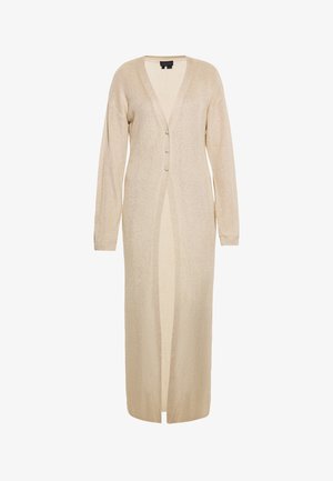Langer beiger Cardigan aus strukturiertem Stoff, mit tiefem V-Ausschnitt, langen Ärmeln und drei vorderen Knöpfen, sowie einem Mittel-Schlitzdesign.