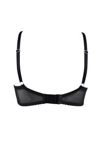 Czarny biustonosz z siateczki z cienkimi regulowanymi ramiączkami, falbaniastym wykończeniem i zapięciem na haczyk z tyłu. Miły w dotyku, lekki materiał.