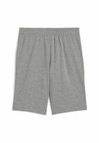 Shorts en coton gris avec une taille élastique, présentant un design simple et une coupe droite, idéaux pour un usage décontracté.