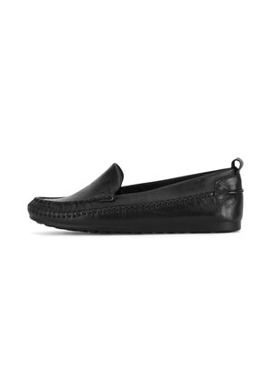 Schwarzer Slip-On-Schuh aus Leder mit genähter Oberseite, abgerundetem Zehenbereich und flexiblem Gummisohle. Verfügt über eine Zuglasche an der Rückseite für einfaches An- und Ausziehen.