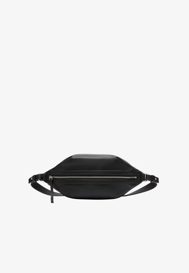 Sac banane en cuir noir avec un design structuré, poche zippée à l'avant, texture lisse et bandoulière ajustable. Doté d'une marque logo.