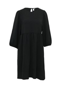 Schwarzes, knielanges Kleid mit Rundhalsausschnitt, langen Puffärmel, geraffter Taille und Schlüsselrückendetail. Leichter Stoff mit strukturierter Optik.