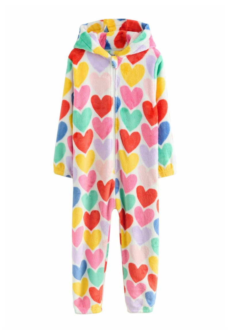 Fleece onesie featuring a colorful heart pattern in shades of red, pink, yellow, green, and blue, with a hood and front zipper closure.