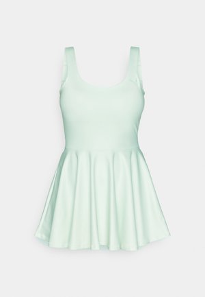 Mintgroene mouwloze jurk met een ronde halslijn, een uitlopende rok en een gladde, glanzende stoftextuur. Geen zichtbare patronen of accenten.