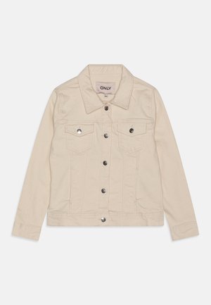 Crème denim jack met een kraag, zilveren knopen, twee borstzakken en gestikte accenten. Heeft lange mouwen en een cropped ontwerp.