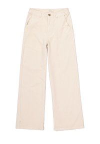 Pantalons en velours côtelé beige à jambes larges, présentant une surface texturée, deux poches avant, une fermeture à bouton et des passants de ceinture à la taille.