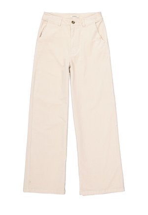 Pantalons en velours côtelé beige à jambes larges, présentant une surface texturée, deux poches avant, une fermeture à bouton et des passants de ceinture à la taille.
