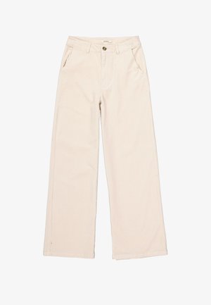 Beige Corduroy-Hosen mit weitem Bein, die eine strukturierte Oberfläche, zwei Fronttaschen, einen Knopfverschluss und Gürtelschlaufen am Bund aufweisen.