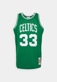 Grünes Basketball-Trikot mit weißem "CELTICS"-Schriftzug und "33" auf der Rückseite. Mit einem Netztextil und kontrastierenden weißen Akzenten.