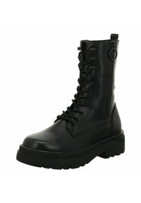 Bottes noires en cuir avec lacets, à bout rond, fermeture éclair latérale, semelle épaisse et logo sur la semelle. Présente une finition texturée et des coutures.