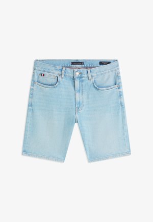 Jasnoniebieskie szorty dżinsowe z przednim guzikiem i zamkiem błyskawicznym, szlufkami na pasek oraz pięcioma kieszeniami, w tym małą kieszonką na monety z detalem logo marki.