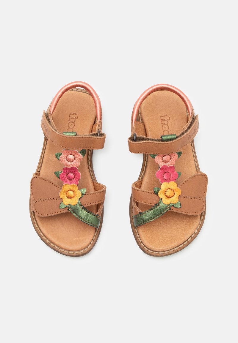 Brown leather children's sandals with adjustable straps, decorated with pink, red, and yellow flower appliques and green leaf accents.