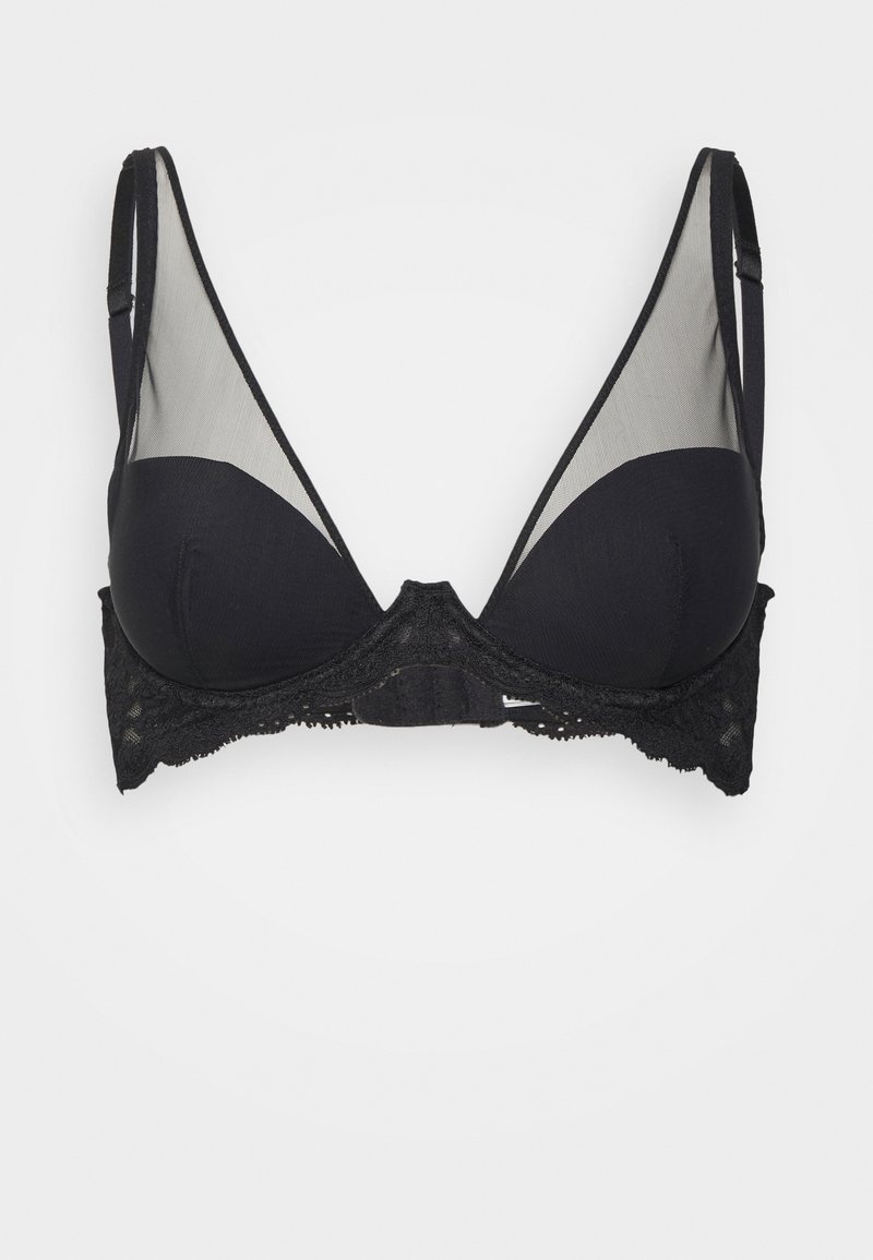 Sutiã triangular preto com copas de tecido suave, acabamento em renda na parte inferior, painéis de malha nas laterais e alças ajustáveis.