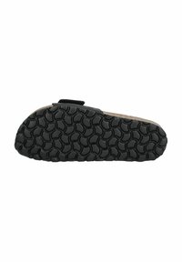 Schwarze Gummisohle mit strukturiertem Muster, mit einer gekrümmten Form und einem oberen Material in Braun, ausgestattet mit einem Klettverschluss für Anpassungsfähigkeit.