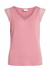 Rosa ärmlös topp med V-hals, med spetsdetaljer på axlarna och en mjuk, slät textur.