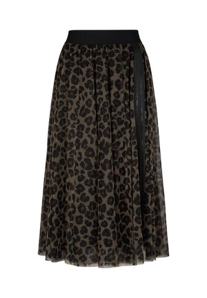 Gonna a stampa leopardata realizzata in tessuto trasparente, con una vita nera aderente e dettagli in nastro laterale. Design plissettato con una silhouette fluente.