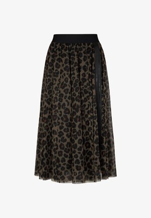 Gonna a stampa leopardata realizzata in tessuto trasparente, con una vita nera aderente e dettagli in nastro laterale. Design plissettato con una silhouette fluente.