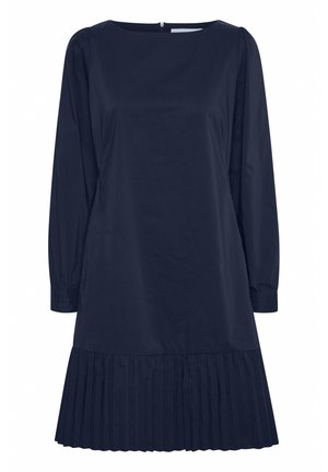 Robe chemise bleu marine en tissu lisse, dotée de longues manches bouffantes et d'un ourlet plissé. Encolure ronde simple et détail de fermeture éclair au dos.