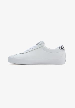 White leather sneakers with flat laces, a smooth finish, and a checkered accent on the heel. Features a rounded toe and rubber sole.