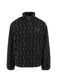 Pullover peloso in verde scuro e nero con motivo a zigzag, colletto a mezza zip e logo ricamato sul petto. Materiale in pile testurizzato.