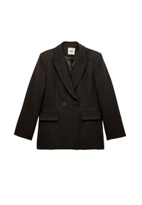 Dobbeltradet sort blazer med stribemønster, klapkraver, to frontlommer og lange ærmer. Glat, struktureret tekstur.