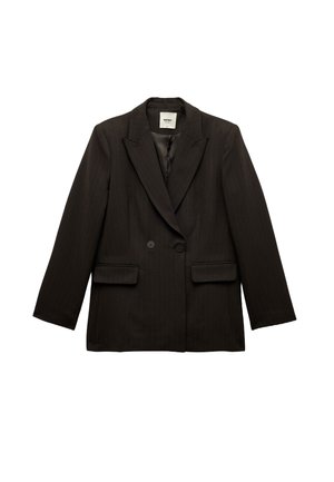 Blazer negro de doble botonadura con patrón de rayas, solapas con muesca, dos bolsillos frontales y mangas largas. Textura suave y estructurada.