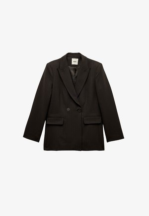 Dubbelzijdig zwart blazer met streeppatroon, notch revers, twee voorkruiden en lange mouwen. Glad, gestructureerd textuur.
