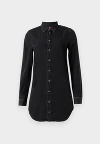 Long-sleeve black denim shirt dress with button-front closure and pointed collar, slightly curved hem, and stitched cuffs.