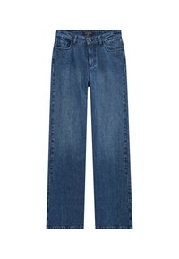 Hochgeschnittene, gerade Jeans in mittelblauem Denim. Verfügt über fünf Taschen, einen Reißverschluss und dezente Waschungen an den Oberschenkeln.