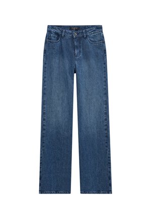 Hochgeschnittene, gerade Jeans in mittelblauem Denim. Verfügt über fünf Taschen, einen Reißverschluss und dezente Waschungen an den Oberschenkeln.