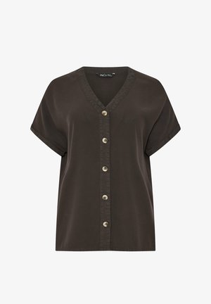Camicia a maniche corte marrone scuro con scollo a V e sei bottoni chiari sulla parte anteriore, caratterizzata da una vestibilità ampia.