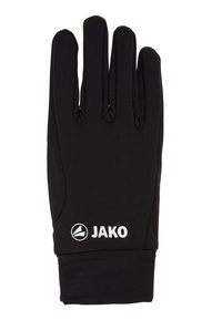 Gant de sport noir en matériau doux et extensible avec un design à cinq doigts. Présente un logo blanc sur le poignet. Texture lisse.