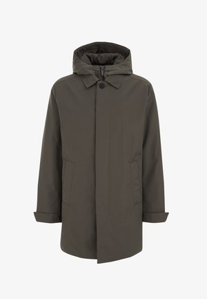 Dunkelolivgrüne Kapuzenparka-Jacke mit verdecktem Reißverschluss, Knopfverschluss und zwei Seitentaschen.