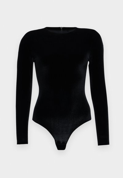 Black velvet long-sleeve bodysuit with a high neckline, fitted shape, and a snap closure at the bottom. Smooth texture and sleek design.
