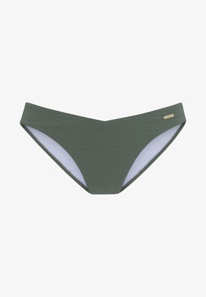 Zelena bikini spodnja del s teksturiranim zigzag vzorcem. Ima gladko notranjo podlago in eleganten, ozek pas.